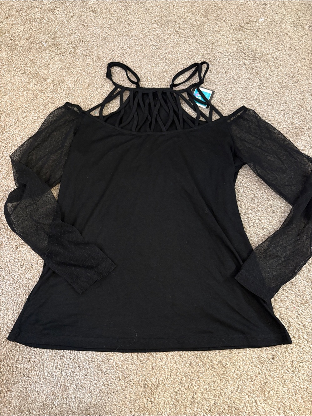 Women's Black Cold-Shoulder Long Sleeve Top with Lattice Yoke